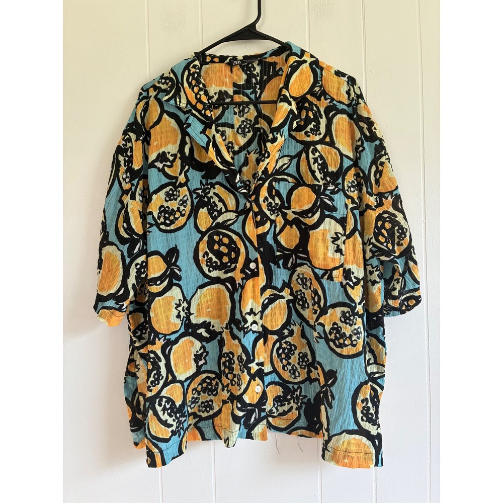 Zara Pomegranate Fruit Print Textured Button Down Shirt Blue Orange Womens M